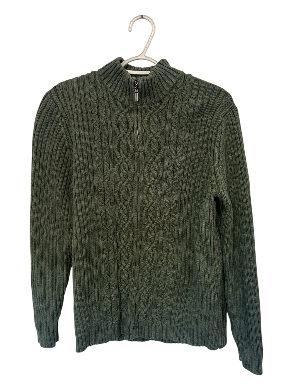Biscotte Classic Olive Green Cable-Knit Half-Zip Sweater